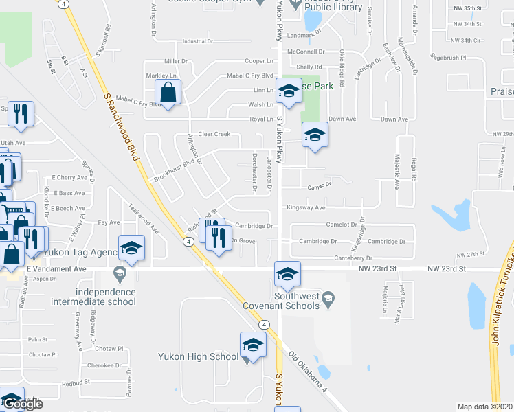map of restaurants, bars, coffee shops, grocery stores, and more near 1019 Arlington Drive in Yukon