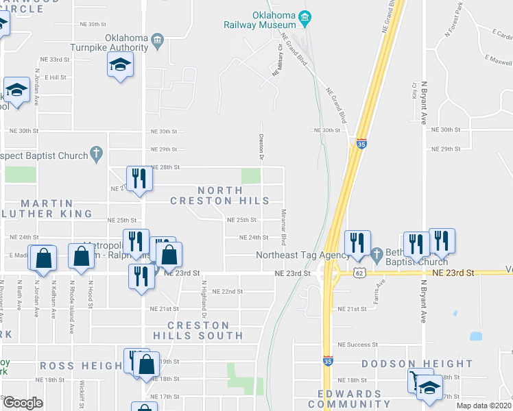 map of restaurants, bars, coffee shops, grocery stores, and more near 2320 Northeast 26th Street in Oklahoma City