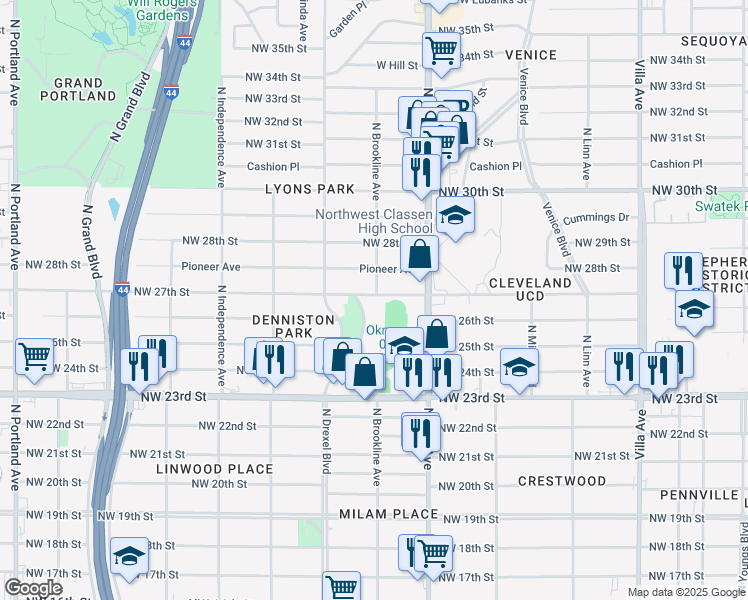 map of restaurants, bars, coffee shops, grocery stores, and more near 2704 Denniston Drive in Oklahoma City