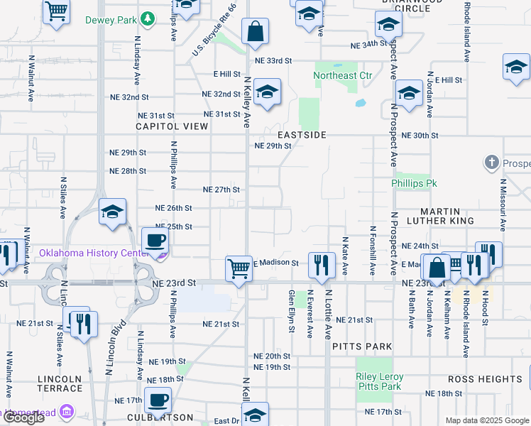 map of restaurants, bars, coffee shops, grocery stores, and more near 2618 North Kelley Avenue in Oklahoma City