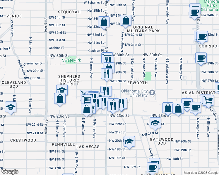 map of restaurants, bars, coffee shops, grocery stores, and more near 2014 Northwest 26th Street in Oklahoma City