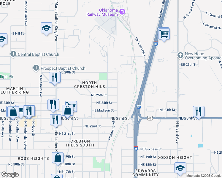 map of restaurants, bars, coffee shops, grocery stores, and more near 2408 Northeast 26th Street in Oklahoma City