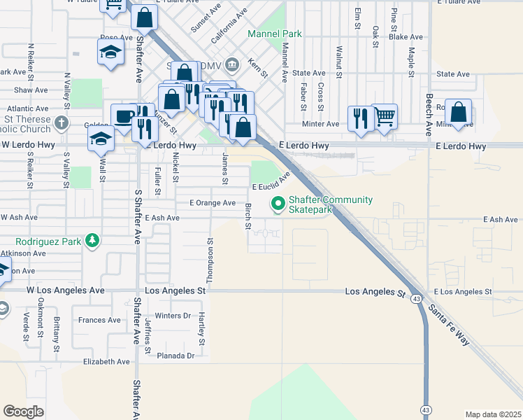 map of restaurants, bars, coffee shops, grocery stores, and more near 1F Birch Street in Shafter