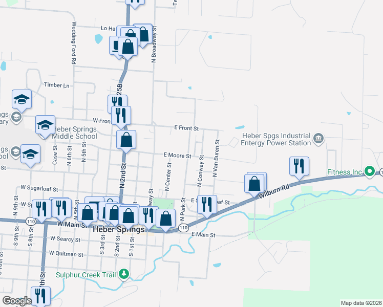 map of restaurants, bars, coffee shops, grocery stores, and more near 435 East Moore Street in Heber Springs