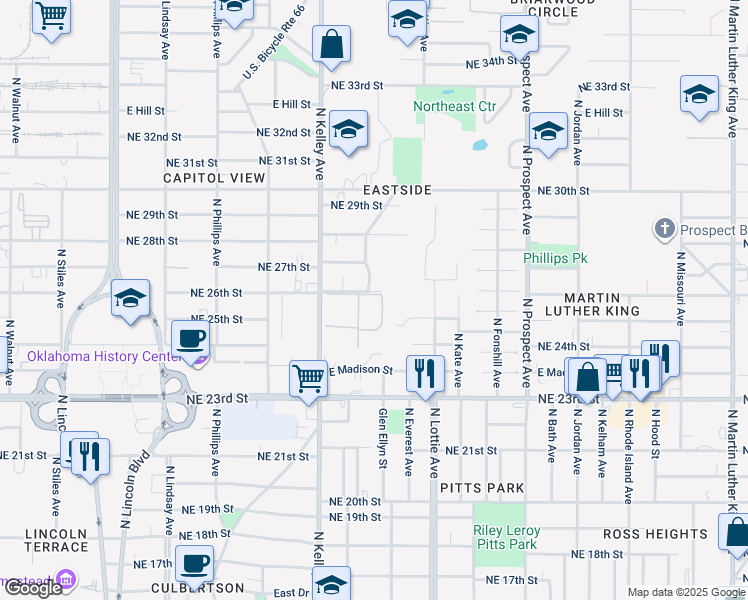 map of restaurants, bars, coffee shops, grocery stores, and more near 2502 North Kelley Avenue in Oklahoma City