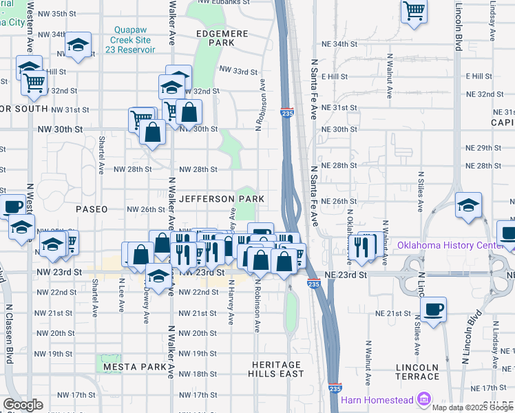 map of restaurants, bars, coffee shops, grocery stores, and more near 124 Northwest 26th Street in Oklahoma City