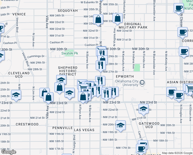 map of restaurants, bars, coffee shops, grocery stores, and more near 2100 Northwest 26th Street in Oklahoma City