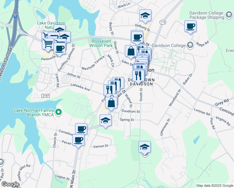 map of restaurants, bars, coffee shops, grocery stores, and more near 422 South Main Street in Davidson