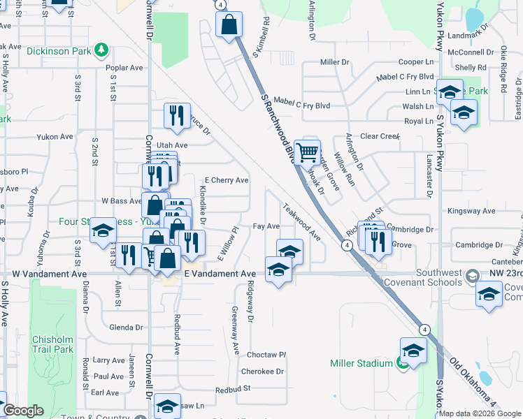 map of restaurants, bars, coffee shops, grocery stores, and more near 816 Glenwood Drive in Yukon