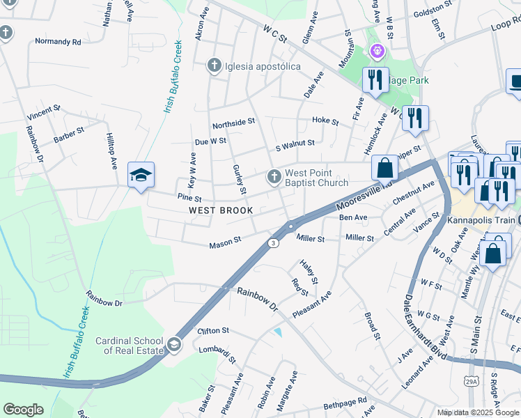 map of restaurants, bars, coffee shops, grocery stores, and more near Birch Street in Kannapolis
