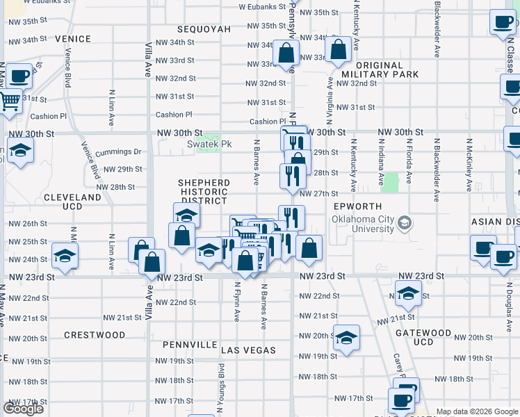 map of restaurants, bars, coffee shops, grocery stores, and more near 2136 Northwest 26th Street in Oklahoma City