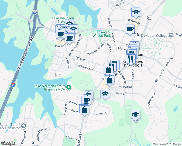 map of restaurants, bars, coffee shops, grocery stores, and more near 239 Catawba Avenue in Davidson