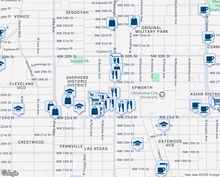 map of restaurants, bars, coffee shops, grocery stores, and more near 2100 Northwest 26th Street in Oklahoma City