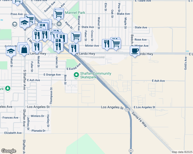 map of restaurants, bars, coffee shops, grocery stores, and more near 18073 Central Valley Highway in Shafter