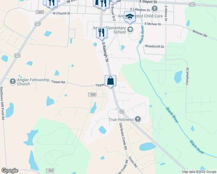 map of restaurants, bars, coffee shops, grocery stores, and more near 866 Tippet Road in Angier
