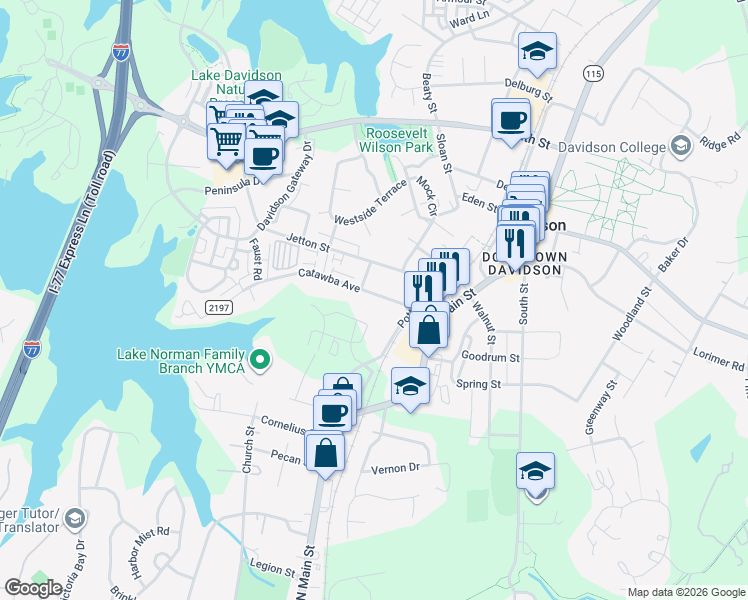 map of restaurants, bars, coffee shops, grocery stores, and more near 239 Catawba Avenue in Davidson