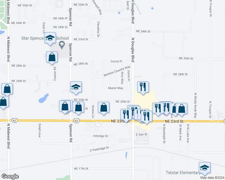 map of restaurants, bars, coffee shops, grocery stores, and more near 8812 Muriel Way in Spencer