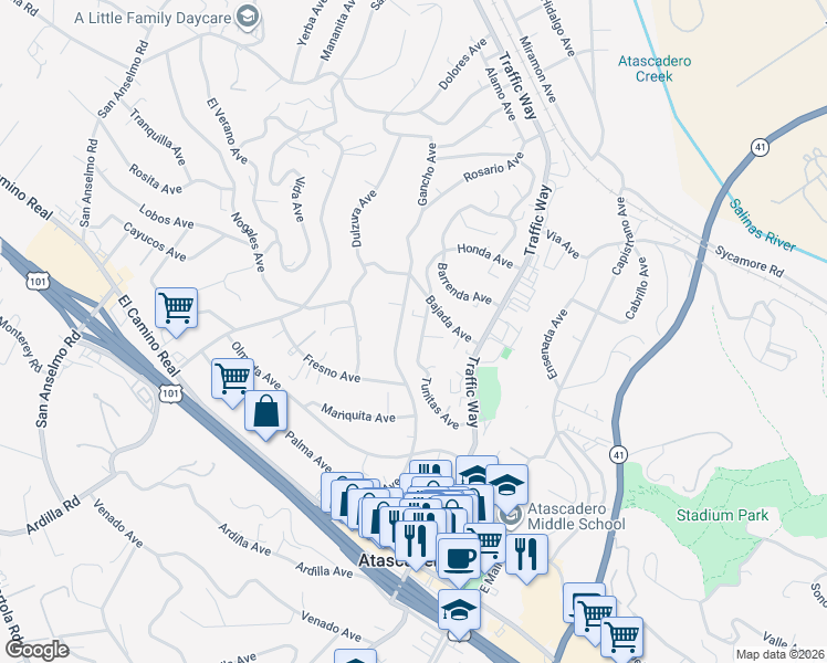 map of restaurants, bars, coffee shops, grocery stores, and more near 5549 Rosario Avenue in Atascadero