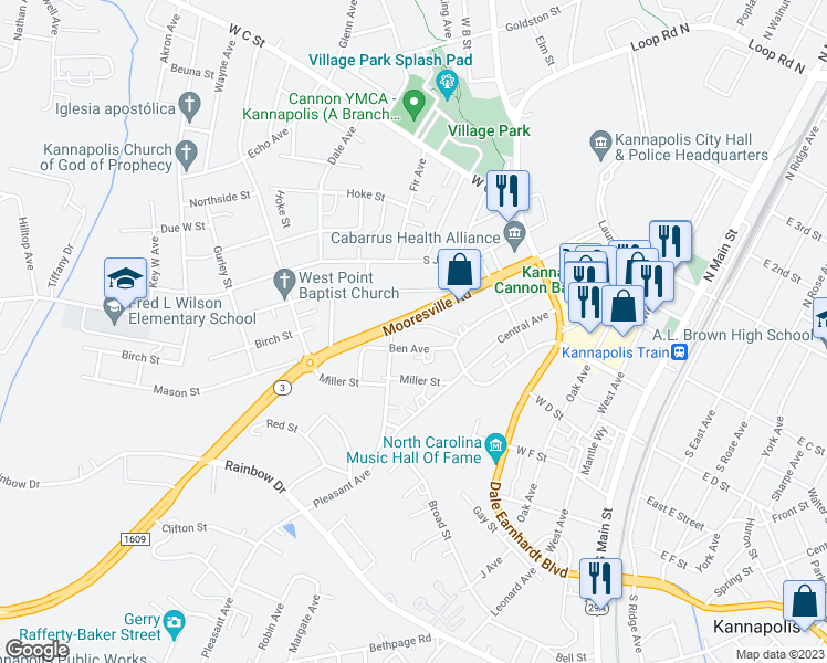 map of restaurants, bars, coffee shops, grocery stores, and more near 611 Frank Street in Kannapolis