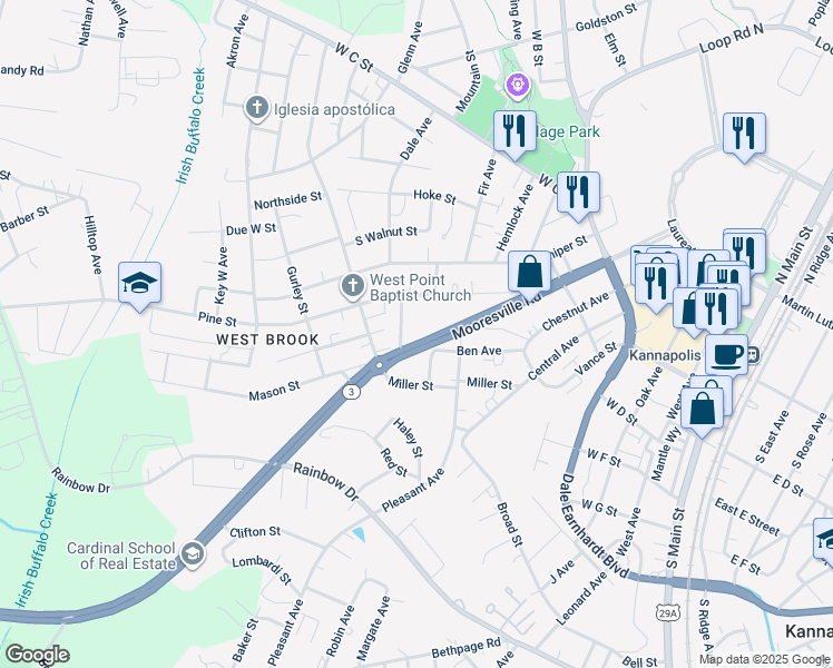 map of restaurants, bars, coffee shops, grocery stores, and more near 904 Mooresville Road in Kannapolis