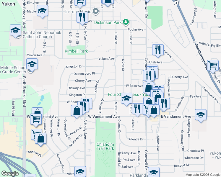 map of restaurants, bars, coffee shops, grocery stores, and more near 314 West Beech Avenue in Yukon
