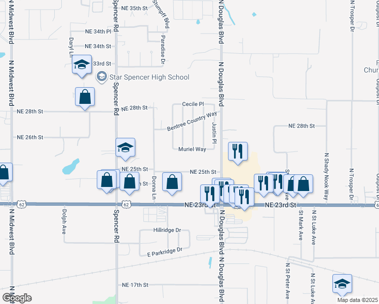 map of restaurants, bars, coffee shops, grocery stores, and more near 8814 Muriel Way in Spencer