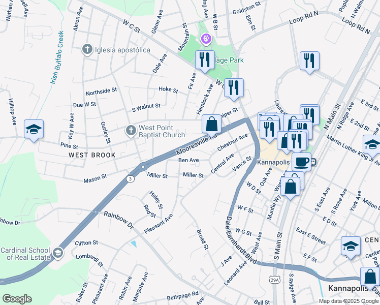 map of restaurants, bars, coffee shops, grocery stores, and more near 615 Frank Street in Kannapolis