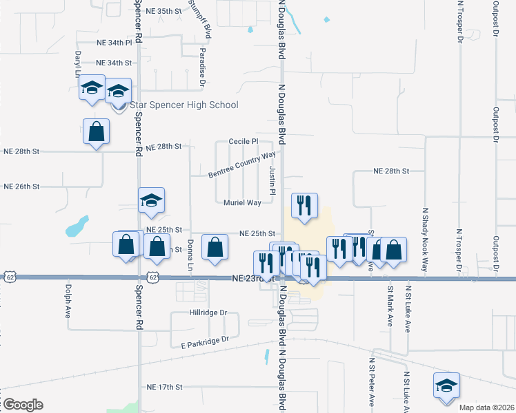 map of restaurants, bars, coffee shops, grocery stores, and more near 8906 Muriel Way in Spencer