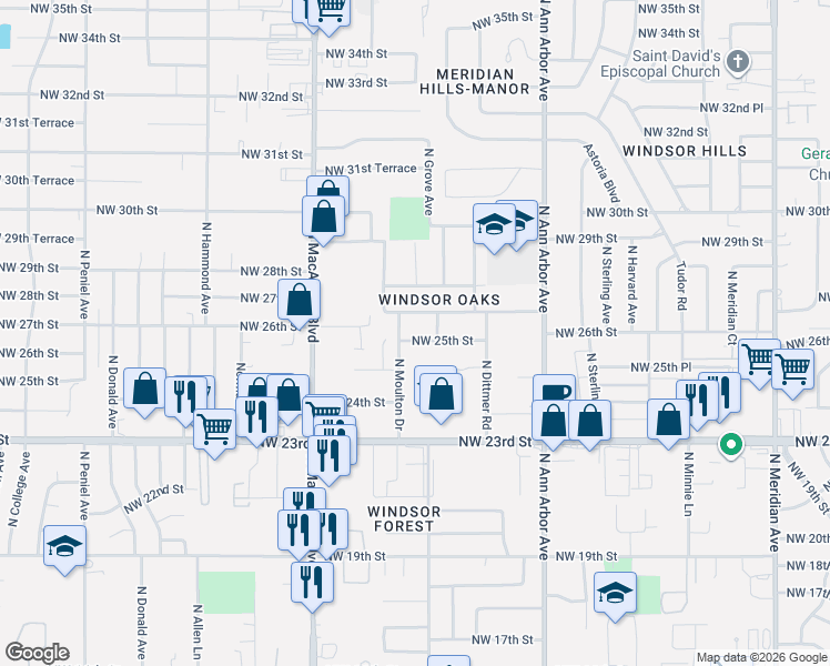 map of restaurants, bars, coffee shops, grocery stores, and more near 2526 North Moulton Drive in Oklahoma City
