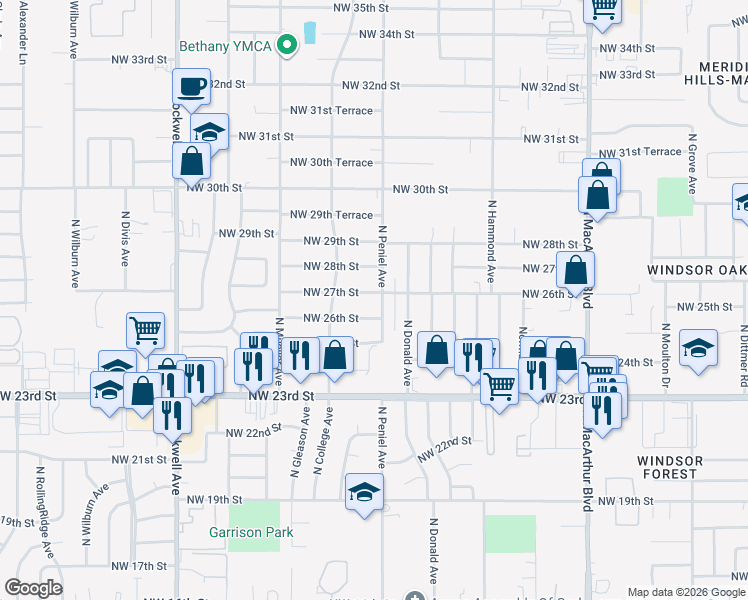 map of restaurants, bars, coffee shops, grocery stores, and more near 2600 North Peniel Street in Oklahoma City