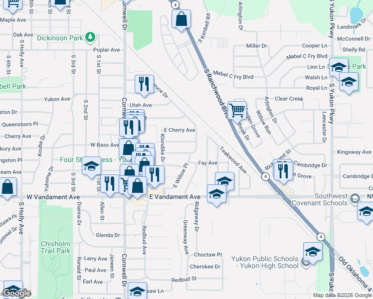 map of restaurants, bars, coffee shops, grocery stores, and more near 301 Fay Avenue in Yukon