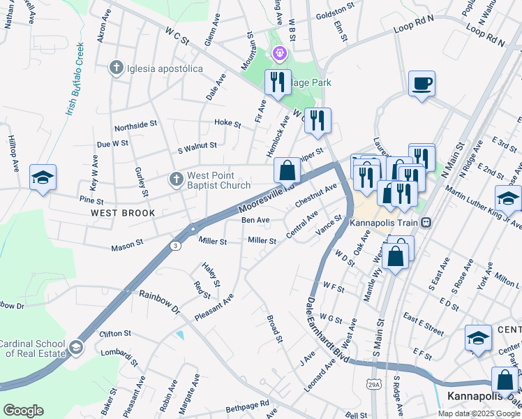 map of restaurants, bars, coffee shops, grocery stores, and more near 611 Frank Street in Kannapolis