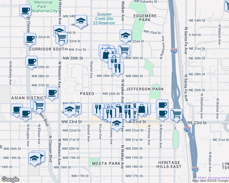 map of restaurants, bars, coffee shops, grocery stores, and more near 2608 North Dewey Avenue in Oklahoma City