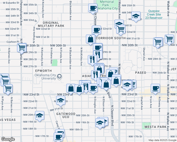 map of restaurants, bars, coffee shops, grocery stores, and more near 1434 Northwest 26th Street in Oklahoma City