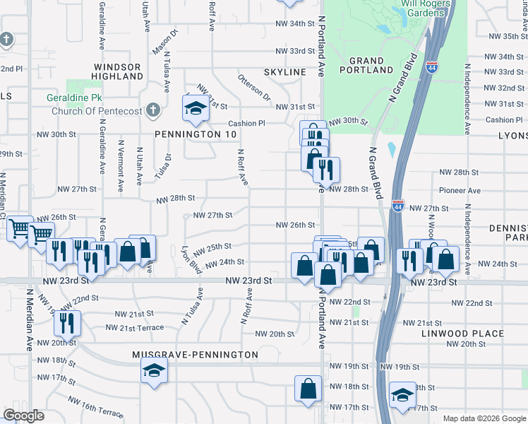 map of restaurants, bars, coffee shops, grocery stores, and more near 3828 Northwest 26th Street in Oklahoma City