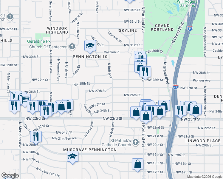 map of restaurants, bars, coffee shops, grocery stores, and more near 3915 Northwest 26th Street in Oklahoma City