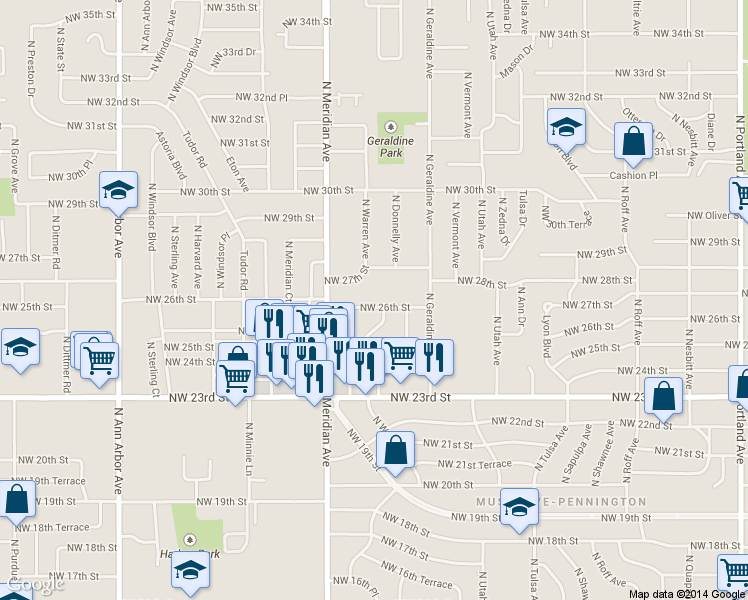 map of restaurants, bars, coffee shops, grocery stores, and more near 2615 North Warren Avenue in Oklahoma City