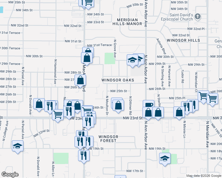 map of restaurants, bars, coffee shops, grocery stores, and more near 2526 North Moulton Drive in Oklahoma City