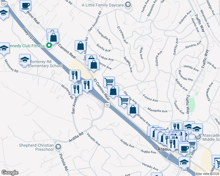 map of restaurants, bars, coffee shops, grocery stores, and more near 4851 El Camino Real in Atascadero