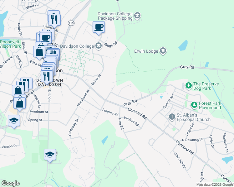 map of restaurants, bars, coffee shops, grocery stores, and more near 640 Dogwood Lane in Davidson