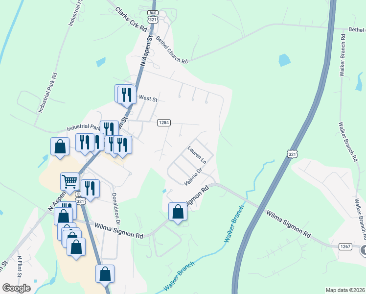 map of restaurants, bars, coffee shops, grocery stores, and more near 107 Olivia Lane in Lincolnton