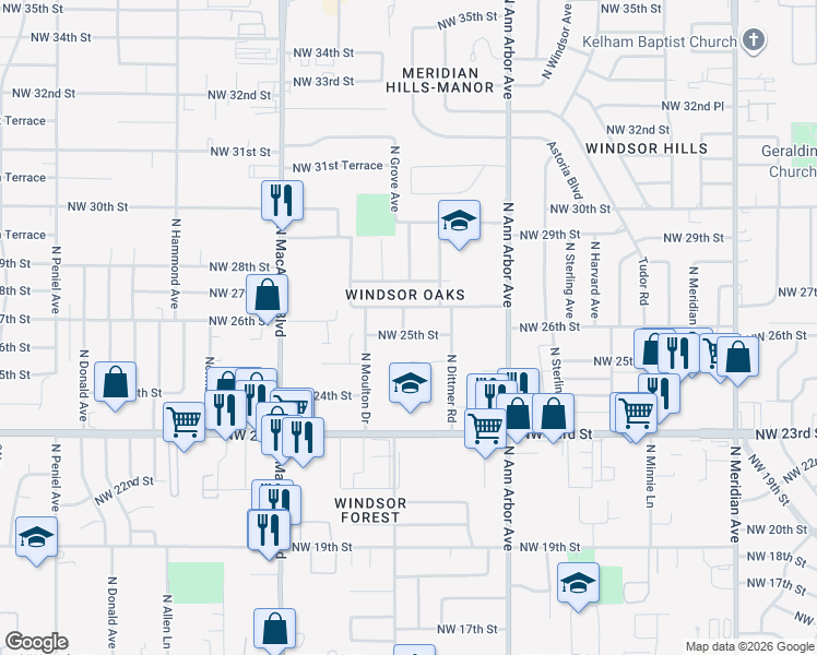 map of restaurants, bars, coffee shops, grocery stores, and more near 5029 Northwest 24th Place in Oklahoma City