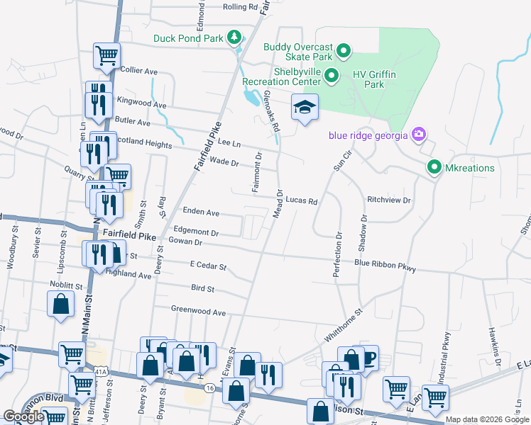 map of restaurants, bars, coffee shops, grocery stores, and more near 300 Celebration Street in Shelbyville