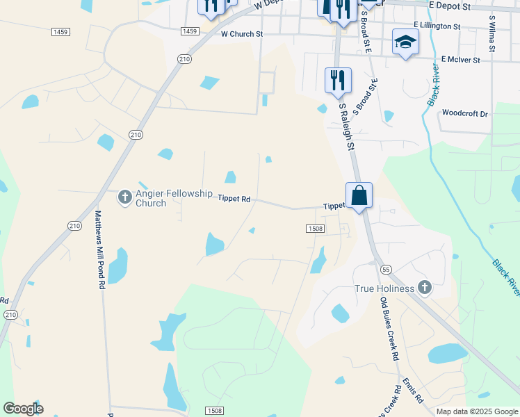 map of restaurants, bars, coffee shops, grocery stores, and more near 540 Tippet Road in Angier