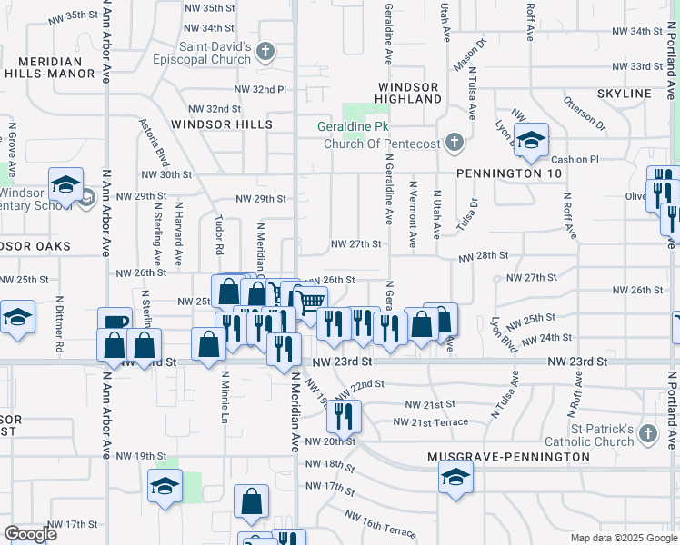 map of restaurants, bars, coffee shops, grocery stores, and more near 2615 North Warren Avenue in Oklahoma City