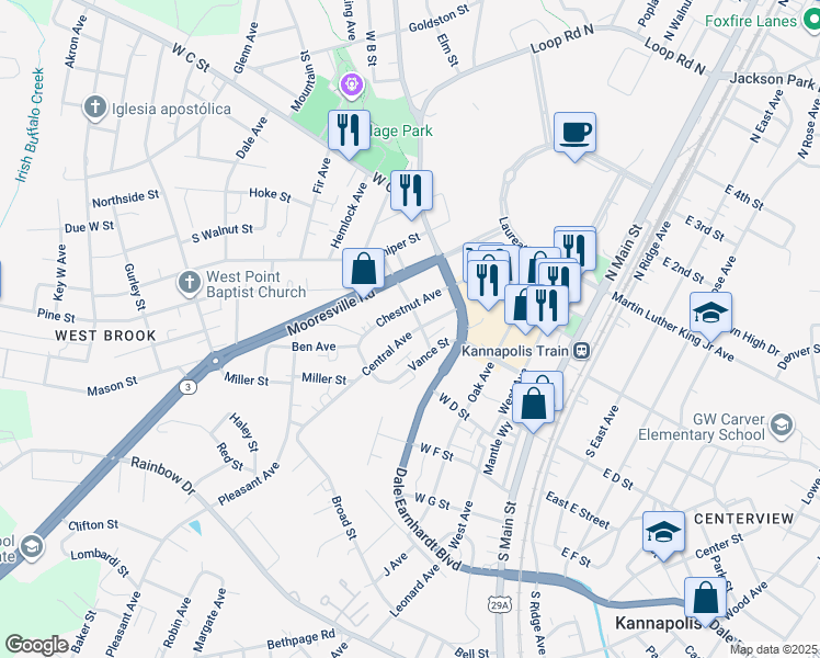 map of restaurants, bars, coffee shops, grocery stores, and more near 316 Central Avenue in Kannapolis