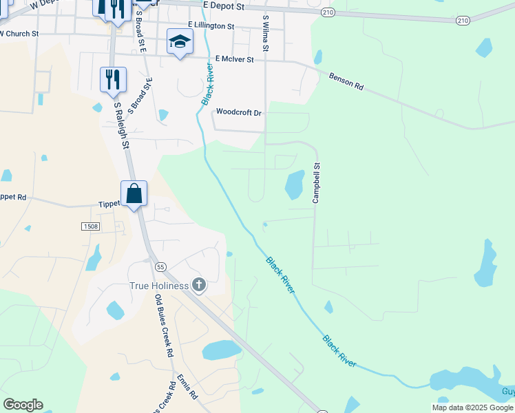 map of restaurants, bars, coffee shops, grocery stores, and more near 693 South Wilma Street in Angier