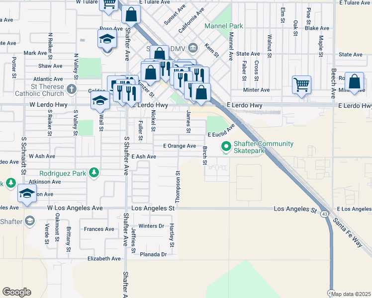 map of restaurants, bars, coffee shops, grocery stores, and more near 293 East Ash Avenue in Shafter