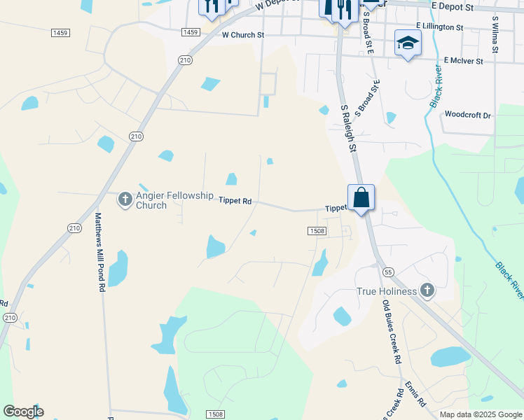 map of restaurants, bars, coffee shops, grocery stores, and more near 540 Tippet Road in Angier