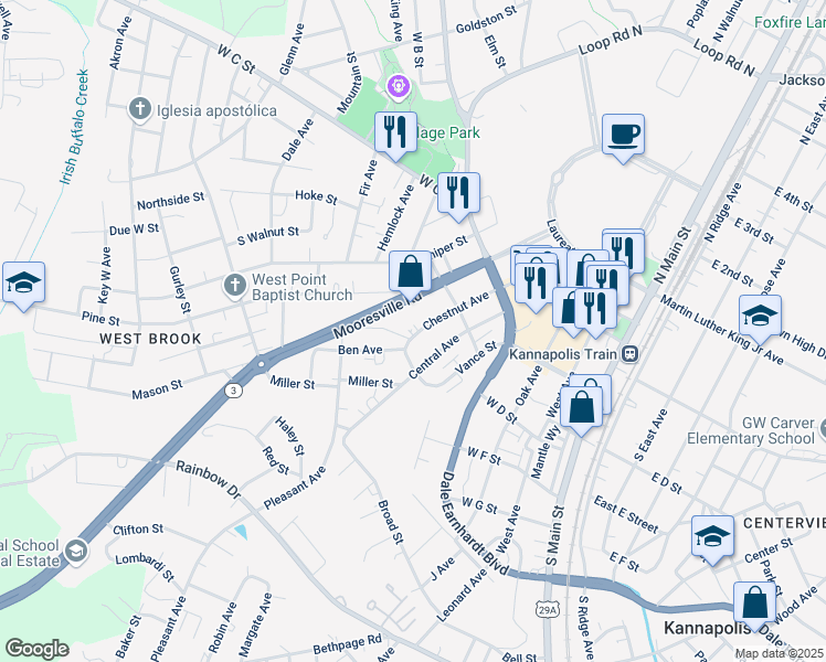 map of restaurants, bars, coffee shops, grocery stores, and more near 330 Chestnut Avenue in Kannapolis